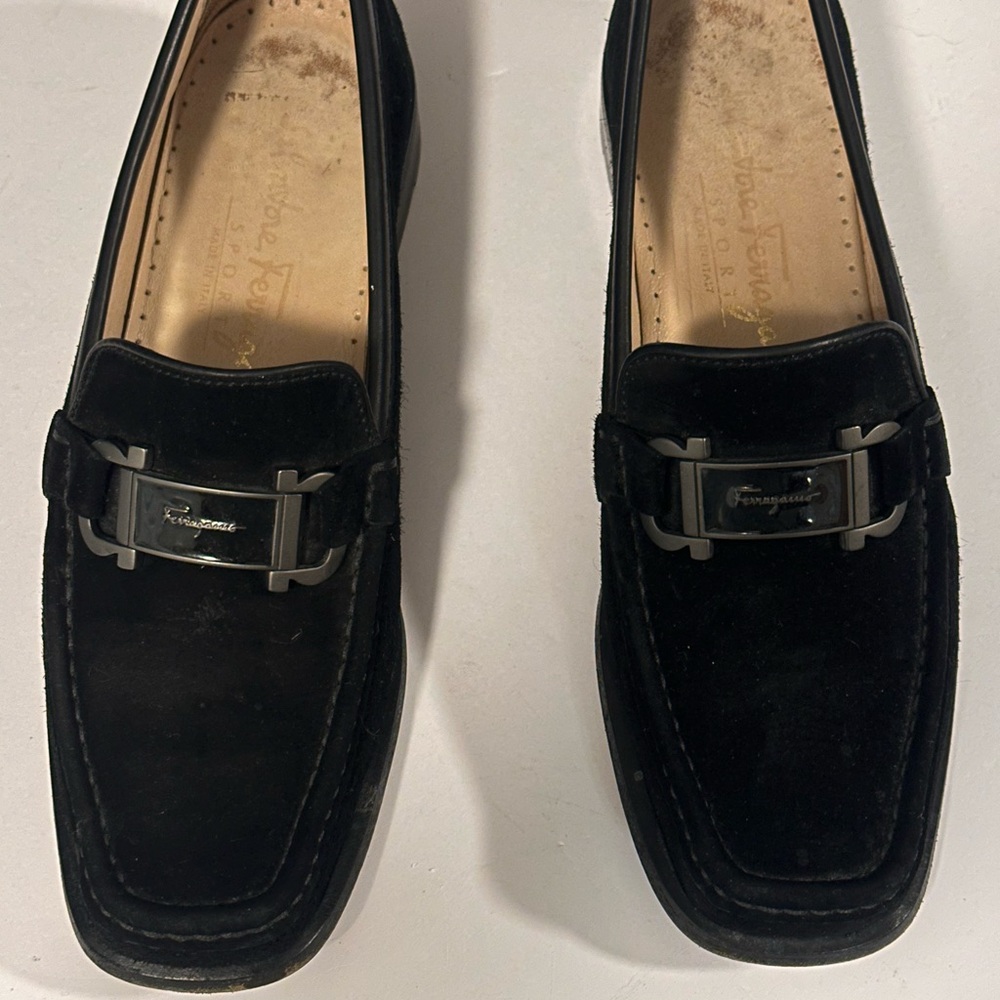 Salvatore Ferragamo Sport Womens Black Suede Loafers Size 5B Slip On Shoes Flats